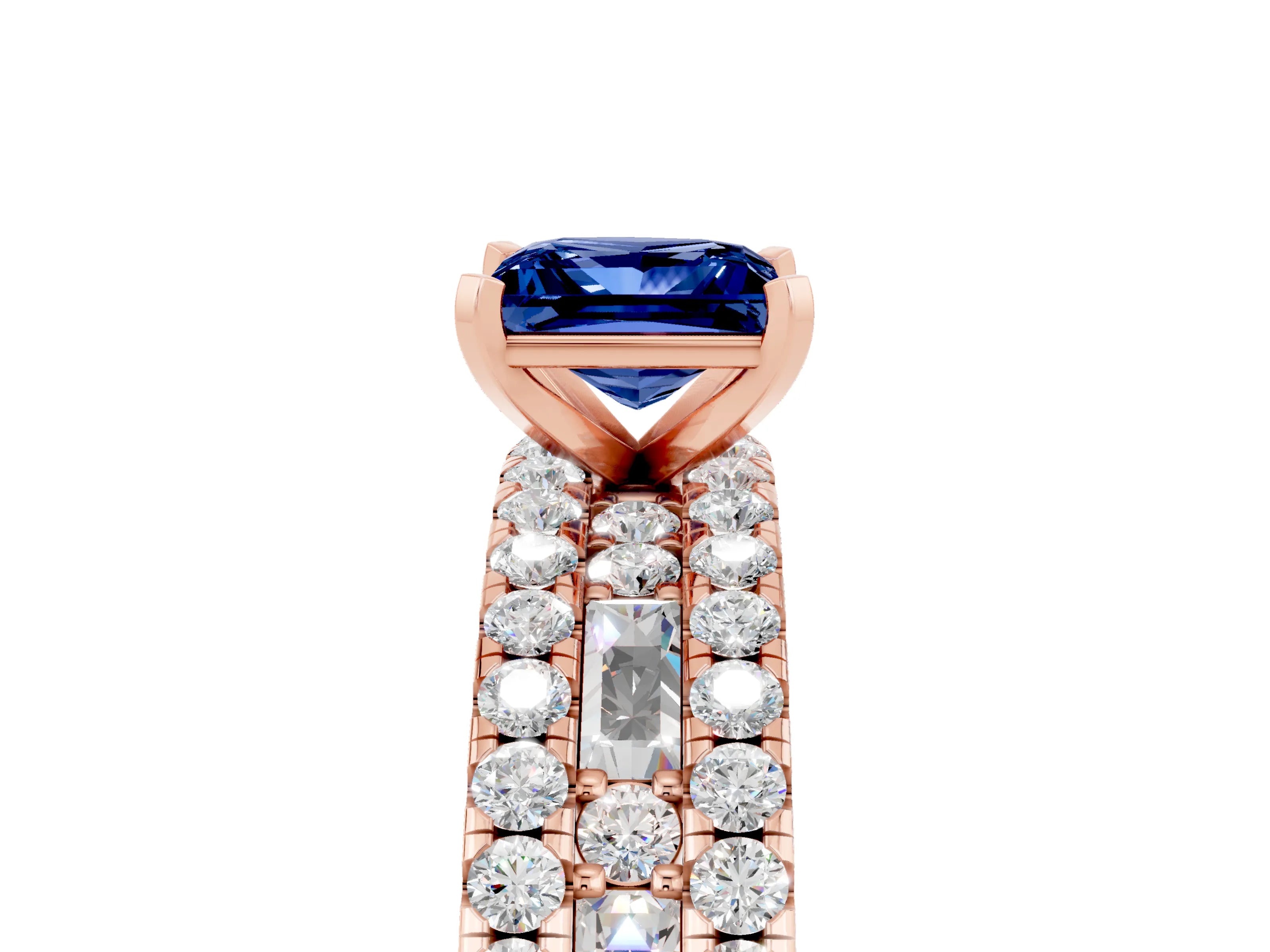 Rose gold Princess Cut Blue Sapphire Solitaire Ring with Pavé and Channel Set Band_5