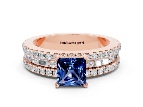 Rose gold Princess Cut Blue Sapphire Solitaire Ring with Pavé and Channel Set Band