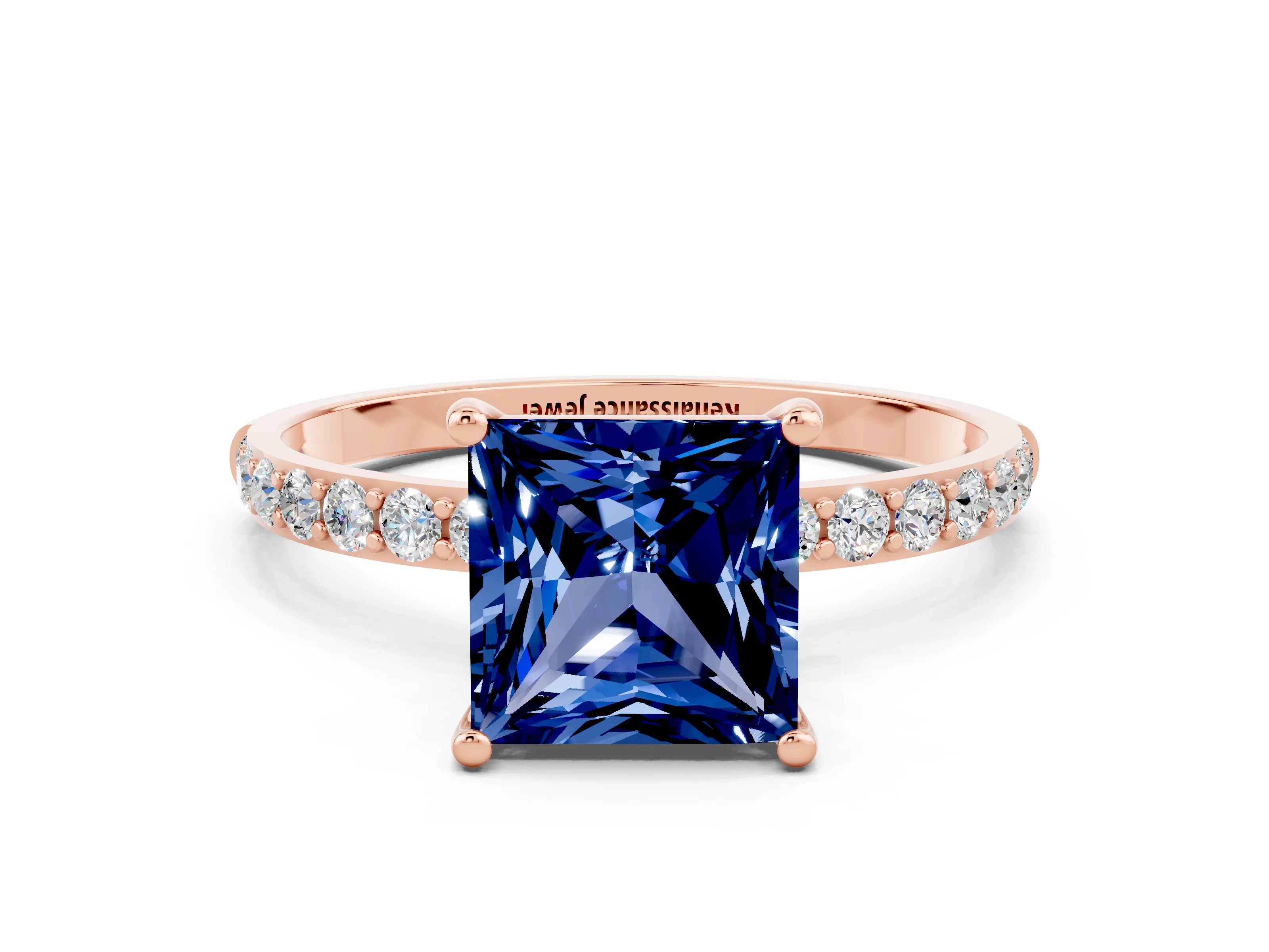 Rose gold Princess Cut Blue Sapphire Solitaire Ring with Pave Band and Four Prong Setting_12