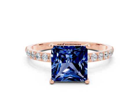 Rose gold Princess Cut Blue Sapphire Solitaire Ring with Pave Band and Four Prong Setting_12