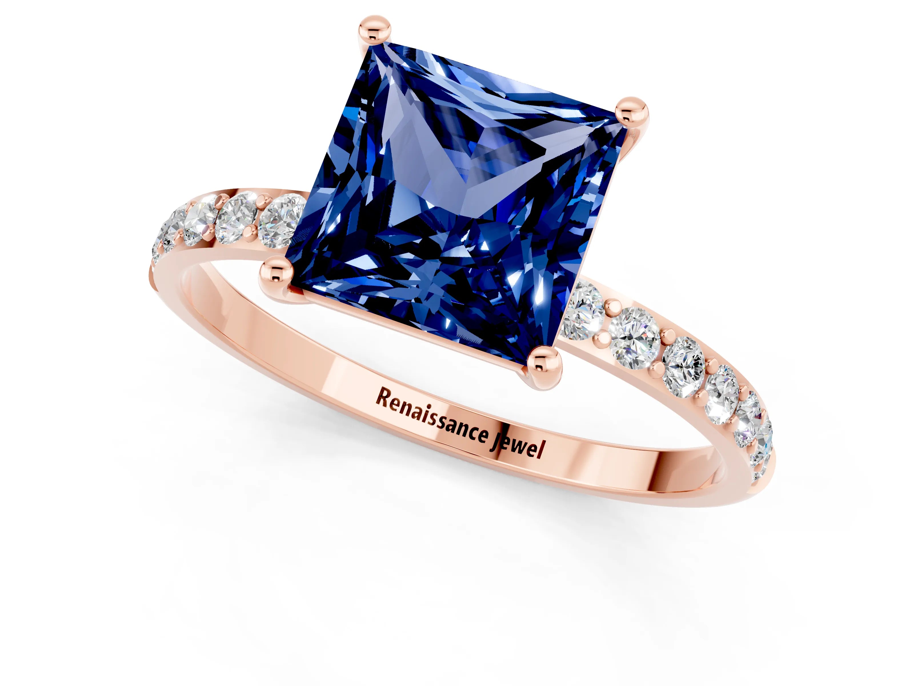 Rose gold Princess Cut Blue Sapphire Solitaire Ring with Pave Band and Four Prong Setting_13