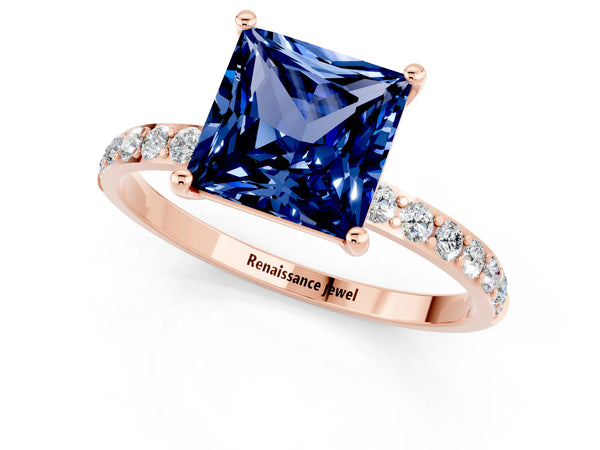 Rose gold Princess Cut Blue Sapphire Solitaire Ring with Round  Pavé Band and Prong Setting