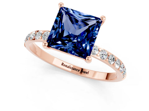 Rose gold Princess Cut Blue Sapphire Solitaire Ring with Pave Band and Four Prong Setting_13