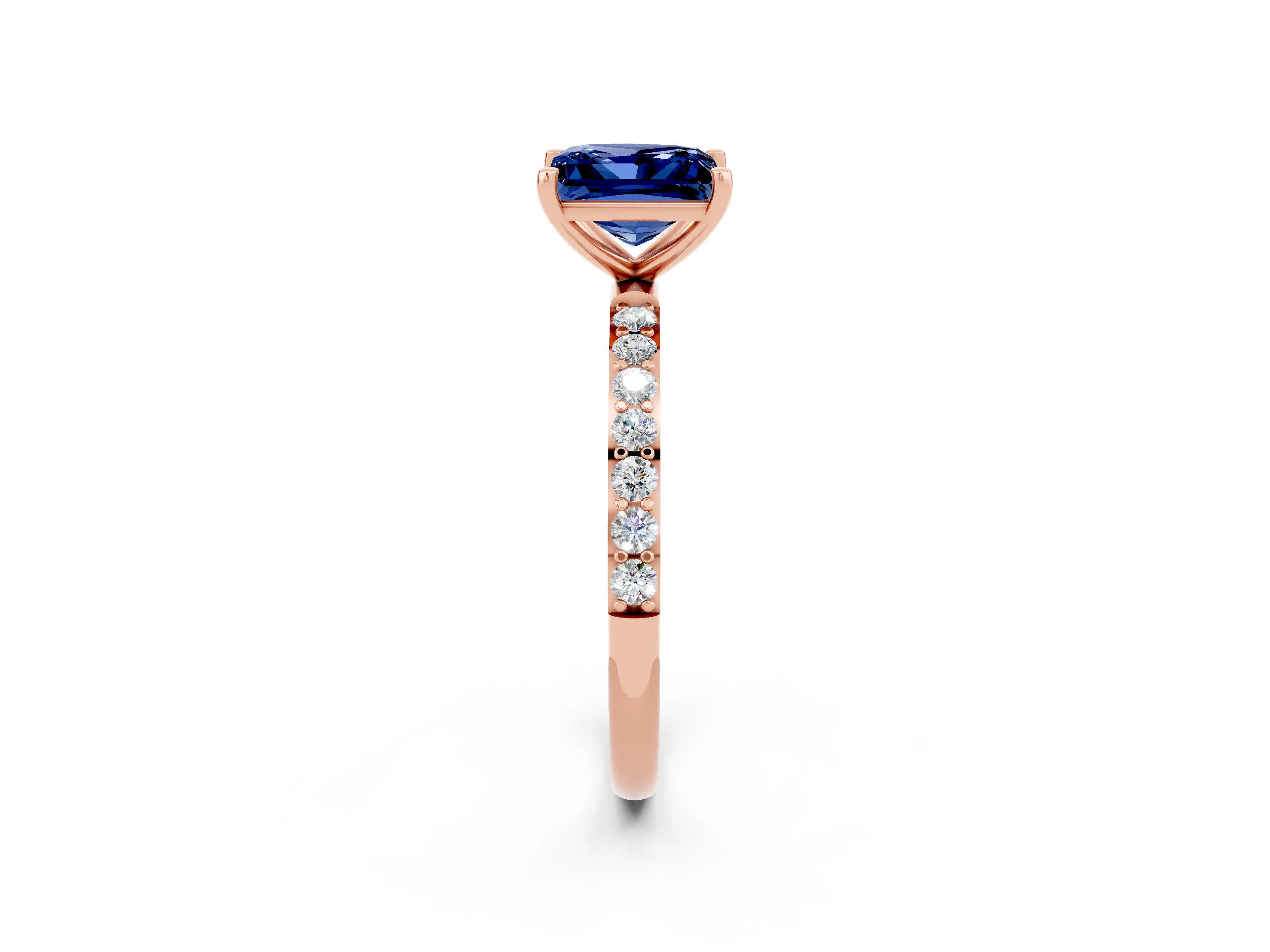 Rose gold Princess Cut Blue Sapphire Solitaire Ring with Pave Band and Four Prong Setting_14