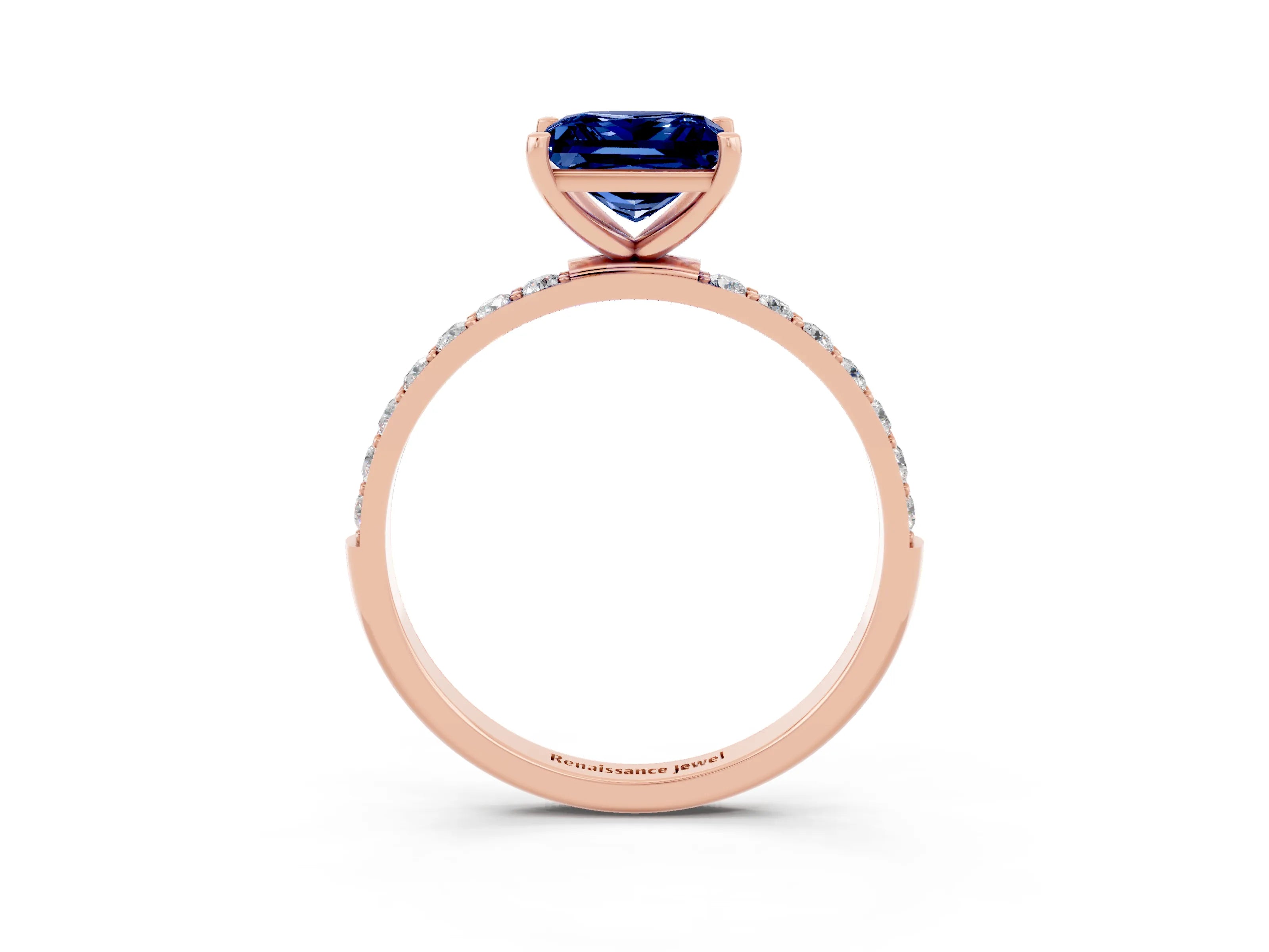 Rose gold Princess Cut Blue Sapphire Solitaire Ring with Pave Band and Four Prong Setting_15