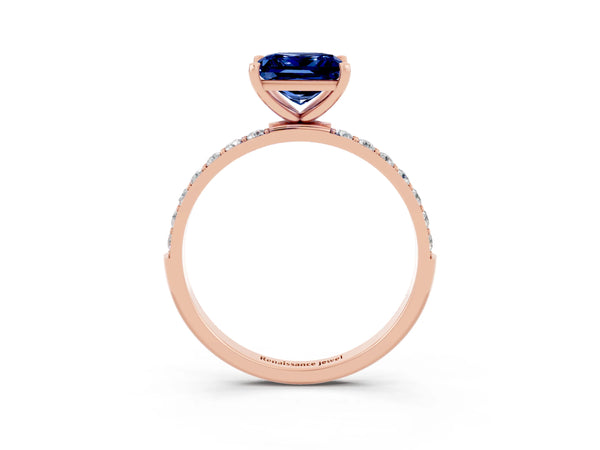 Rose gold Princess Cut Blue Sapphire Solitaire Ring with Round  Pavé Band and Prong Setting
