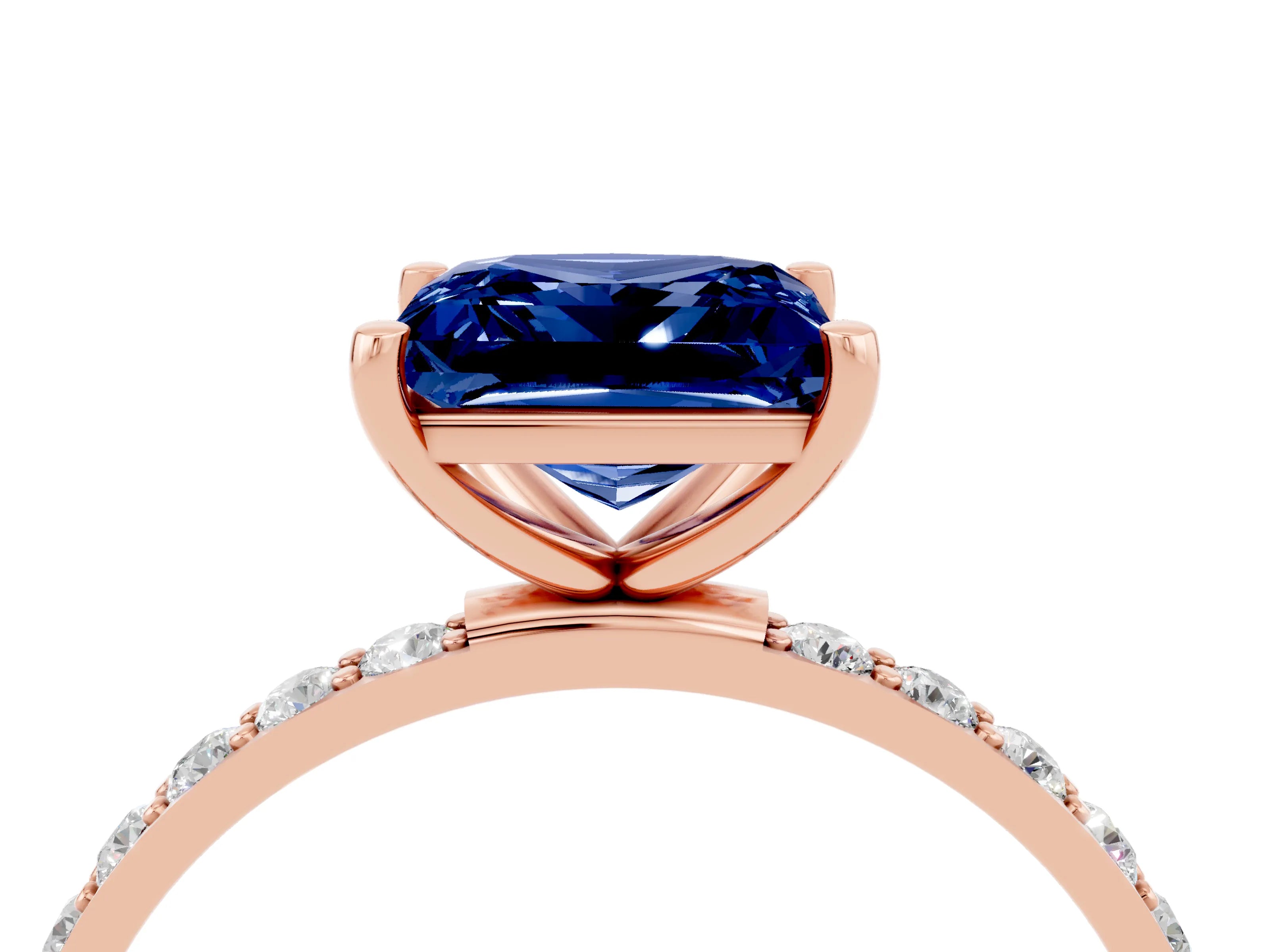 Rose gold Princess Cut Blue Sapphire Solitaire Ring with Pave Band and Four Prong Setting_16