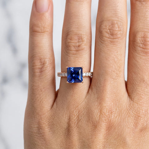 Rose gold Princess Cut Blue Sapphire Solitaire Ring with Round  Pavé Band and Four-Prong Setting_42