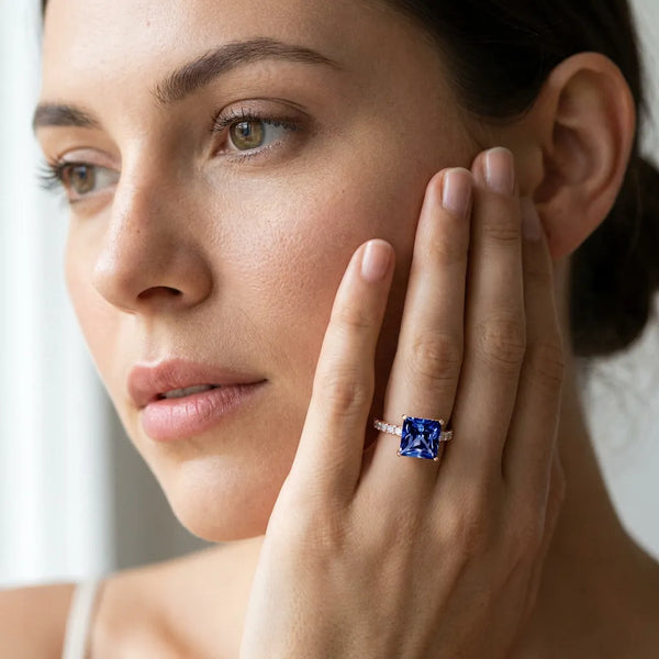 Rose gold Princess Cut Blue Sapphire Solitaire Ring with Round  Pavé Band and Four-Prong Setting