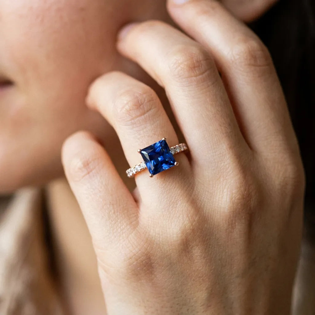 Rose gold Princess Cut Blue Sapphire Solitaire Ring with Round  Pavé Band and Four-Prong Setting_44