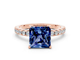 Rose gold Princess Cut Blue Sapphire Solitaire Ring with Round  Pavé Band and Four-Prong Setting_44