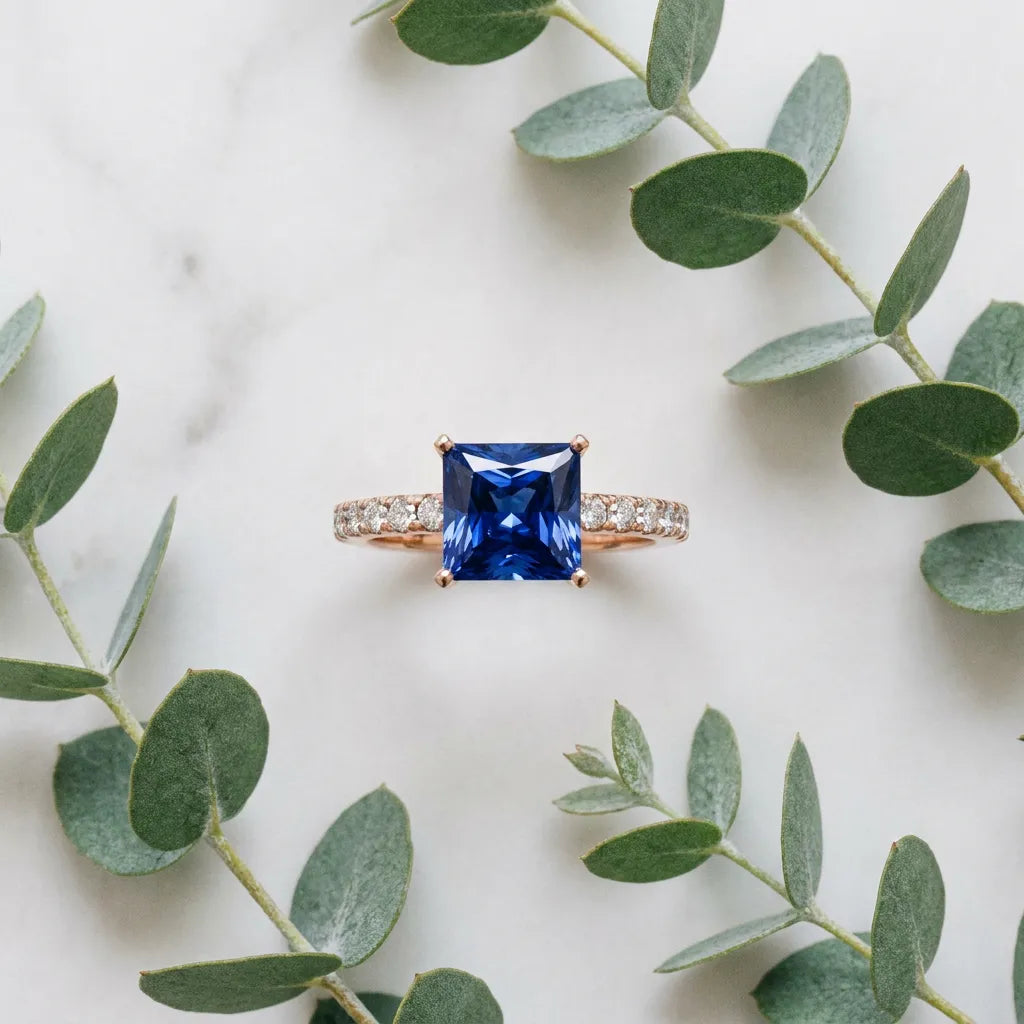 Rose gold Princess Cut Blue Sapphire Solitaire Ring with Round  Pavé Band and Four-Prong Setting_45