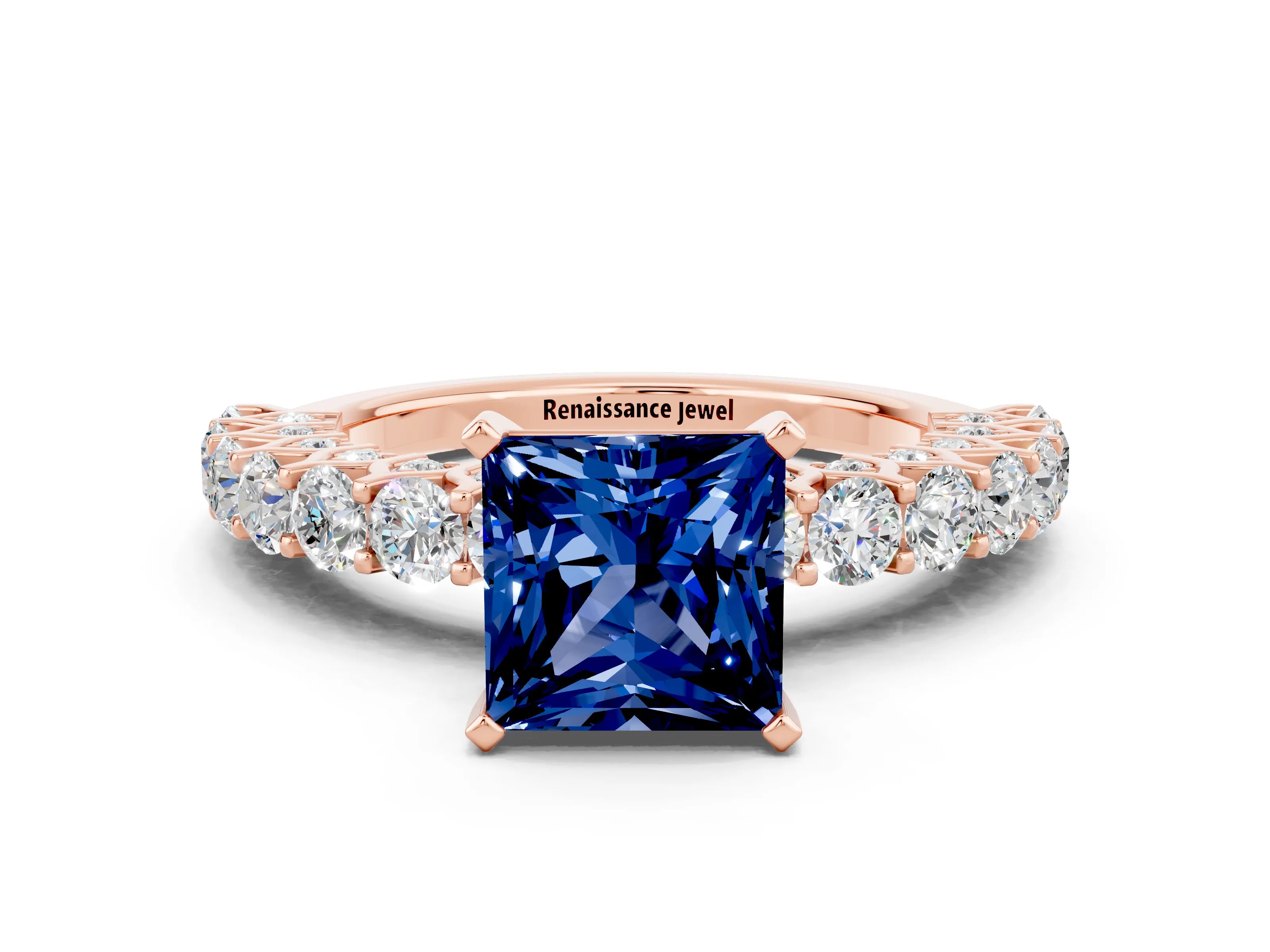 Rose gold Princess Cut Blue Sapphire Solitaire Ring with Shared Prong Pavé Band and Four-Prong Setting