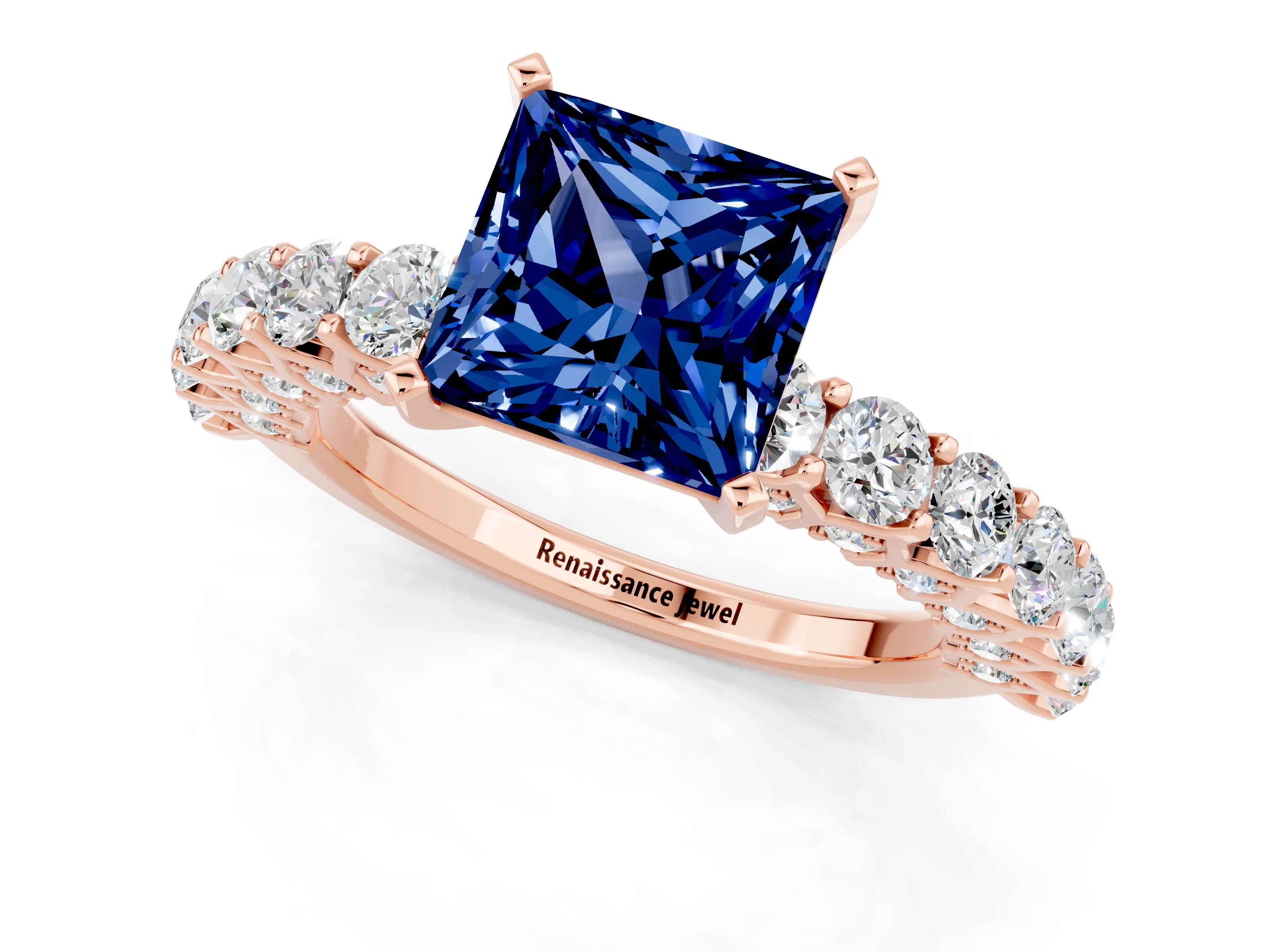 Rose gold Princess Cut Blue Sapphire Solitaire Ring with Shared Prong Pavé Band and Four-Prong Setting_1