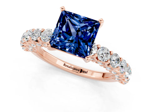 Rose gold Princess Cut Blue Sapphire Solitaire Ring with Shared Prong Pavé Band and Four-Prong Setting_1