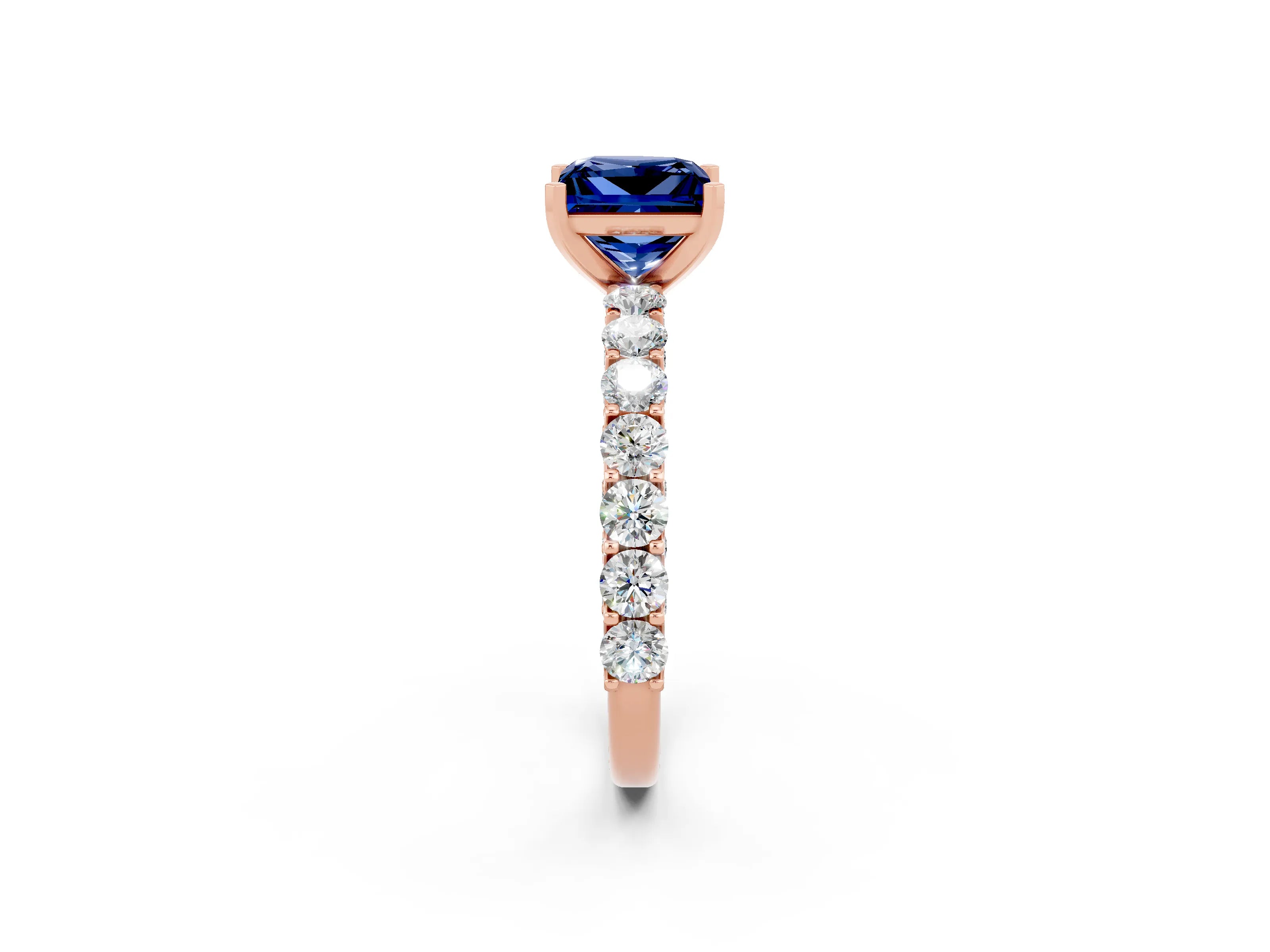 Rose gold Princess Cut Blue Sapphire Solitaire Ring with Shared Prong Pavé Band and Four-Prong Setting_2