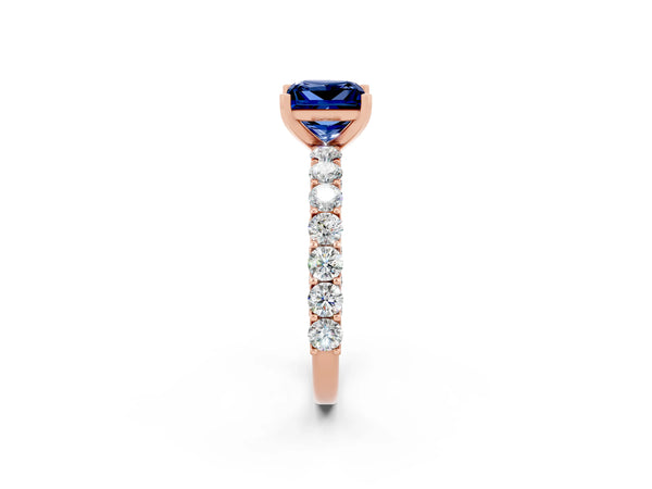 Rose gold Princess Cut Blue Sapphire Solitaire Ring with Shared Prong Pavé Band and Four-Prong Setting