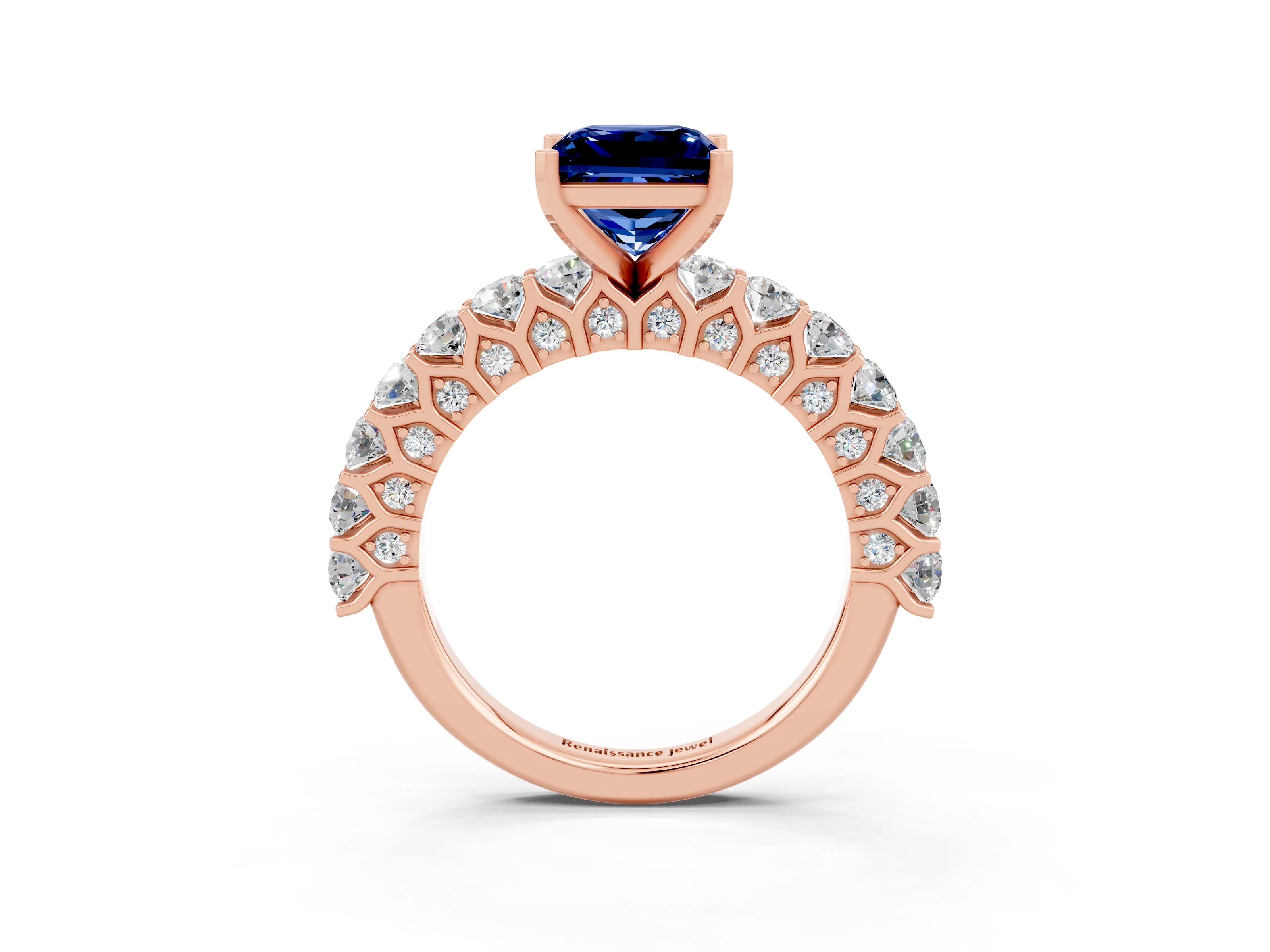 Rose gold Princess Cut Blue Sapphire Solitaire Ring with Shared Prong Pavé Band and Four-Prong Setting_3