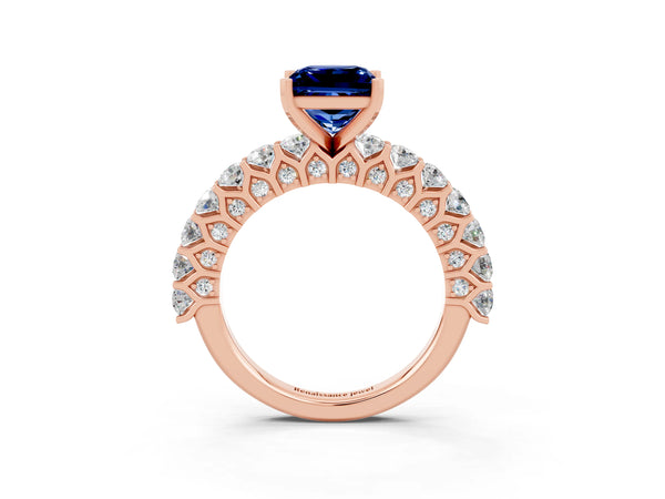 Rose gold Princess Cut Blue Sapphire Solitaire Ring with Shared Prong Pavé Band and Four-Prong Setting