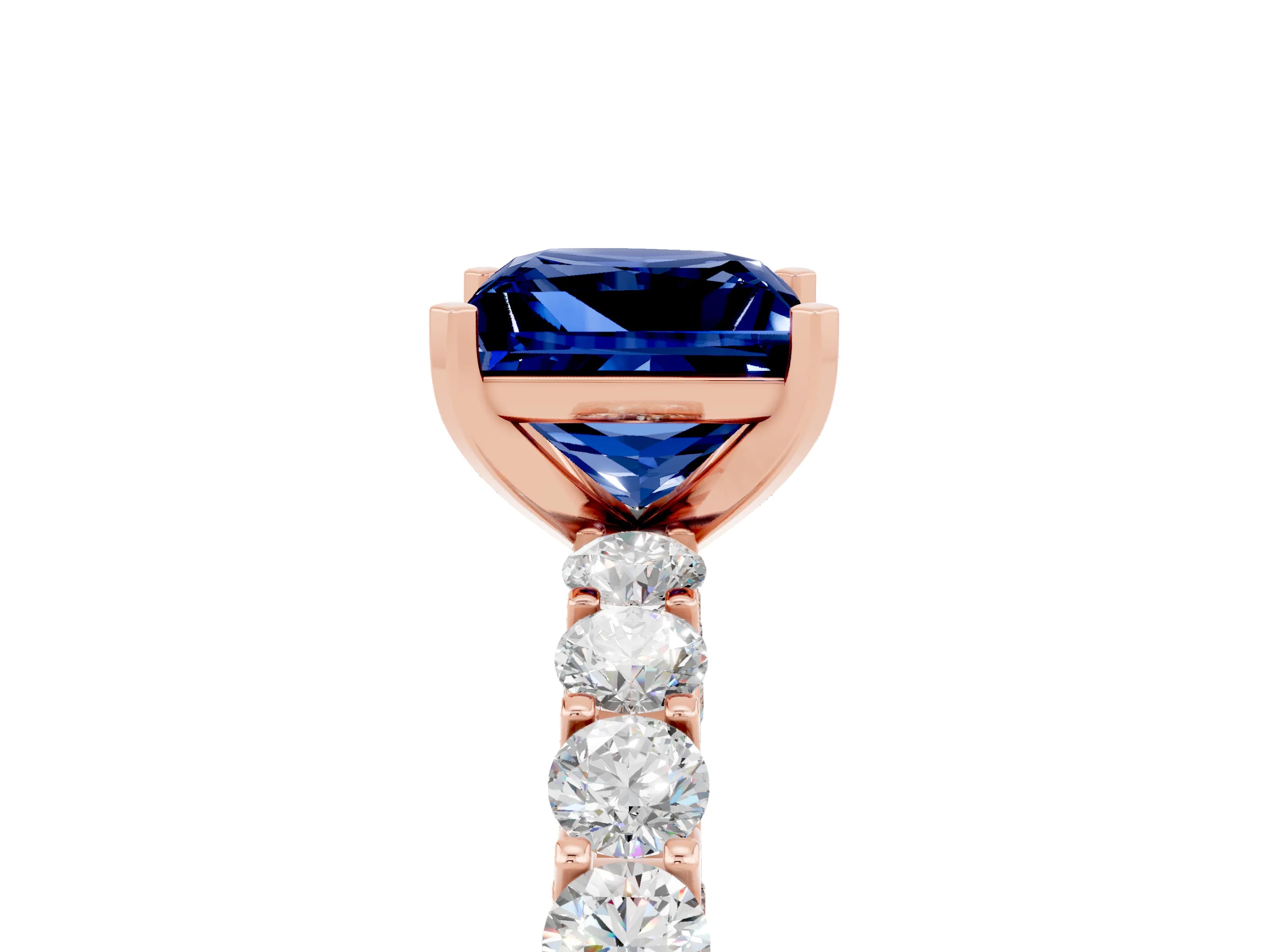 Rose gold Princess Cut Blue Sapphire Solitaire Ring with Shared Prong Pavé Band and Four-Prong Setting_5