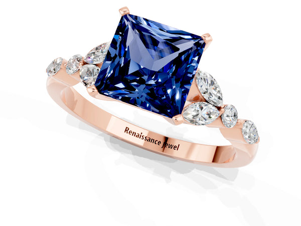 Rose gold Princess Cut Blue Sapphire Solitaire Ring with Side Stones and Four-Prong Setting