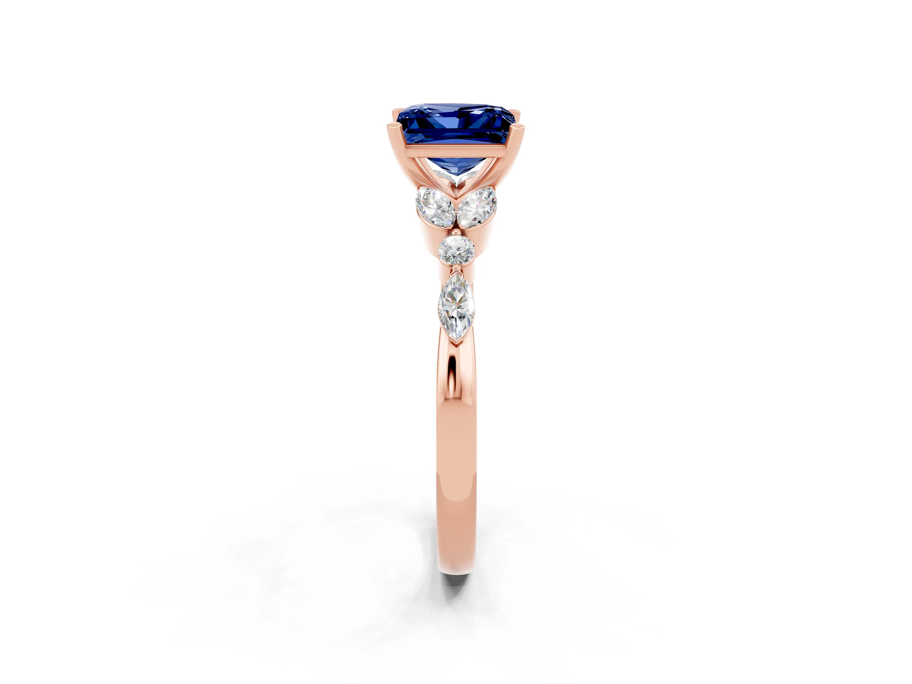 Rose gold Princess Cut Blue Sapphire Solitaire Ring with Side Stones and Four-Prong Setting_14