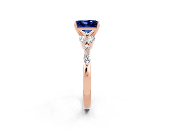 Rose gold Princess Cut Blue Sapphire Solitaire Ring with Side Stones and Four-Prong Setting