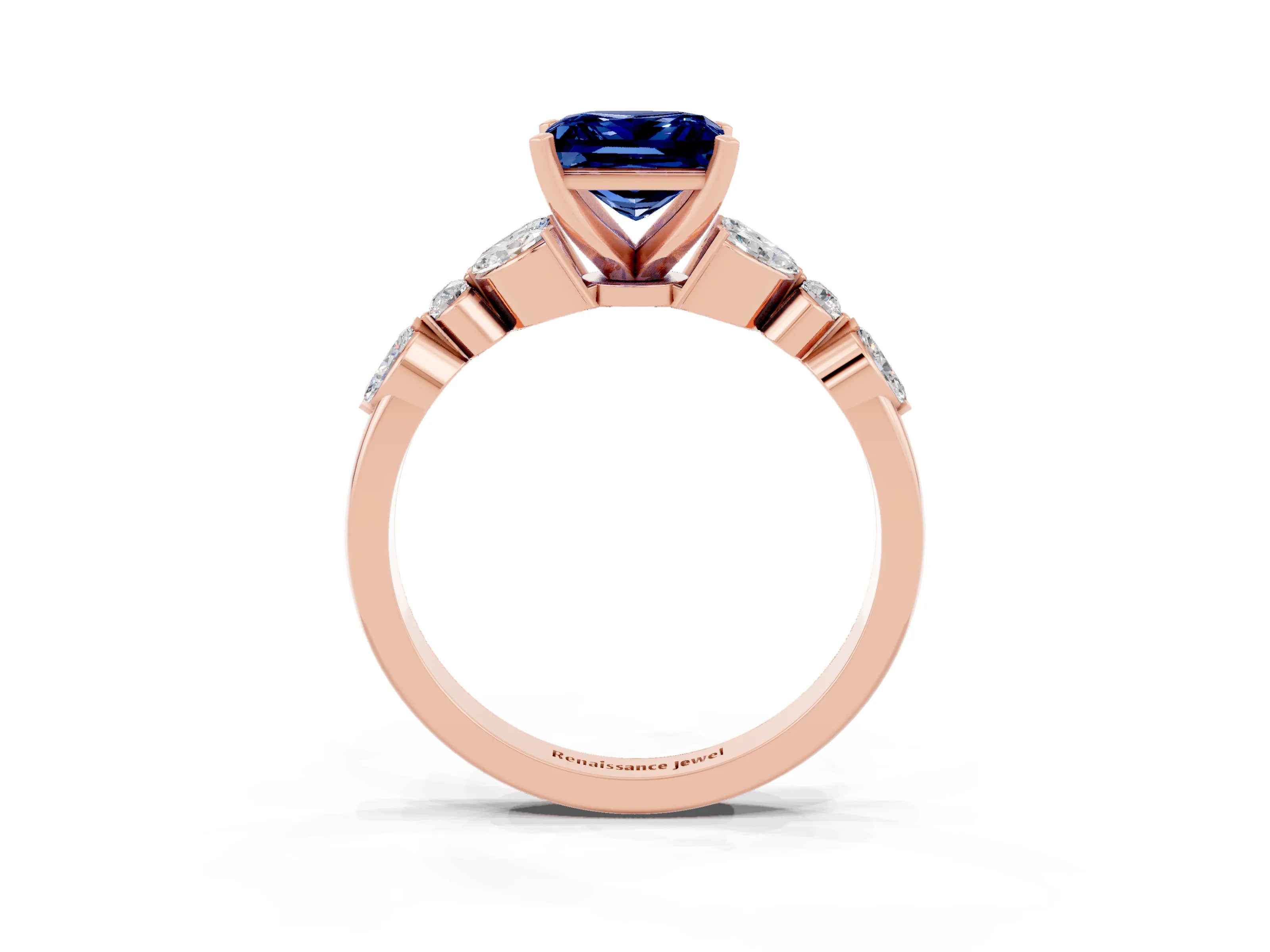 Rose gold Princess Cut Blue Sapphire Solitaire Ring with Side Stones and Four-Prong Setting_15