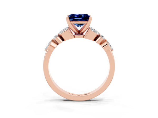 Rose gold Princess Cut Blue Sapphire Solitaire Ring with Side Stones and Four-Prong Setting