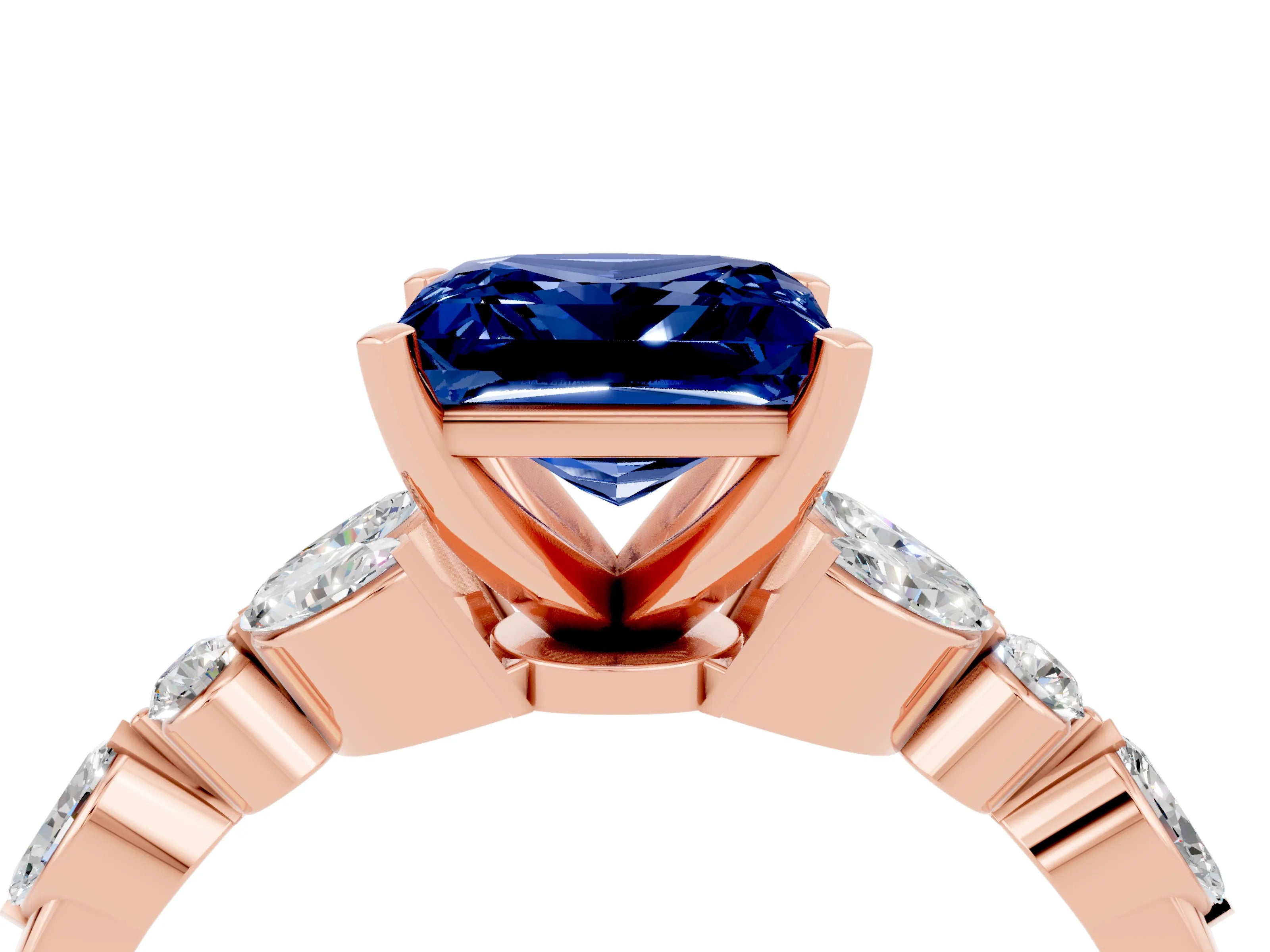 Rose gold Princess Cut Blue Sapphire Solitaire Ring with Side Stones and Four-Prong Setting_16