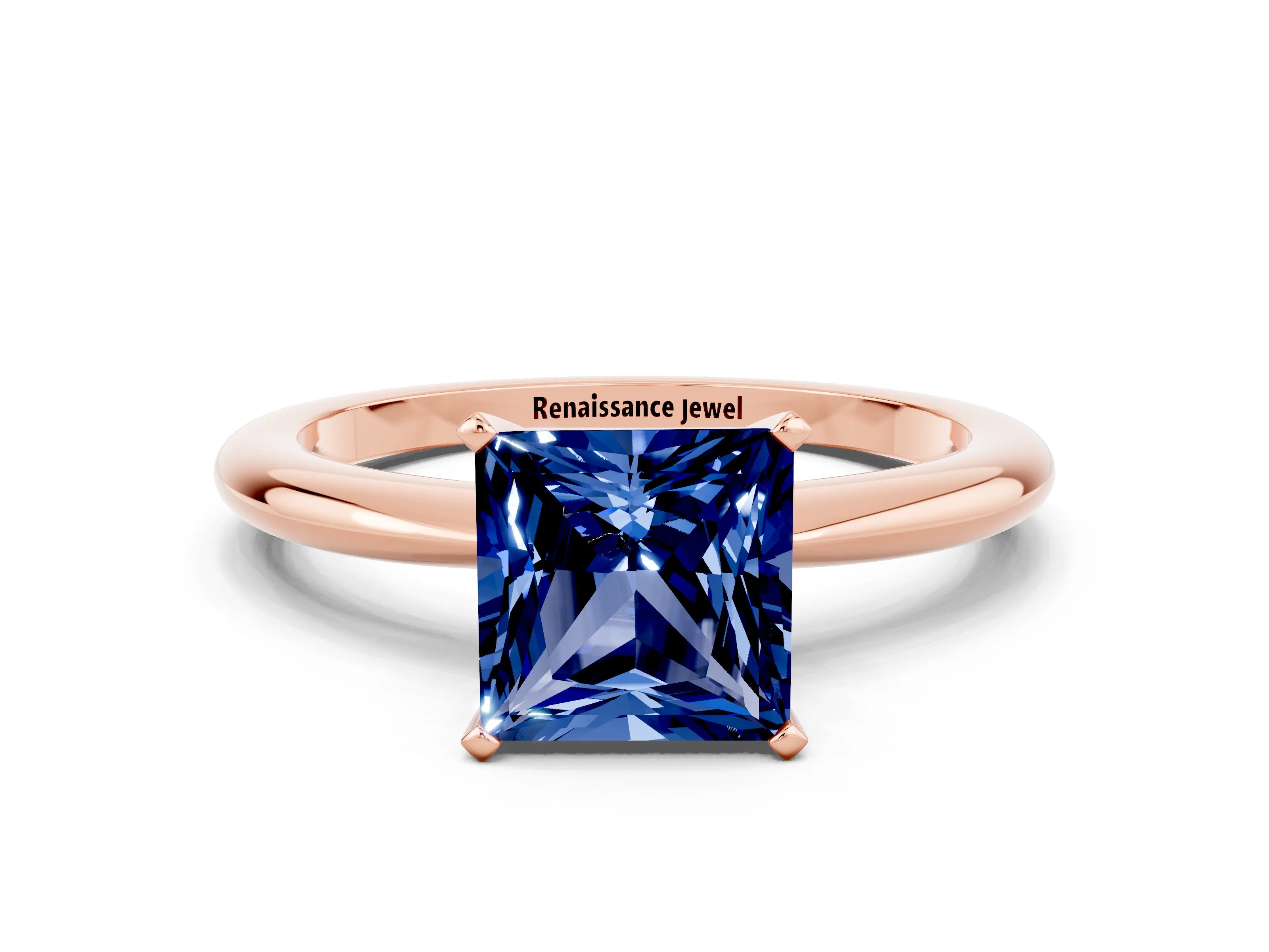 Rose gold Princess Cut Blue Sapphire Solitaire Ring with Six-Prong Setting and Classic Band