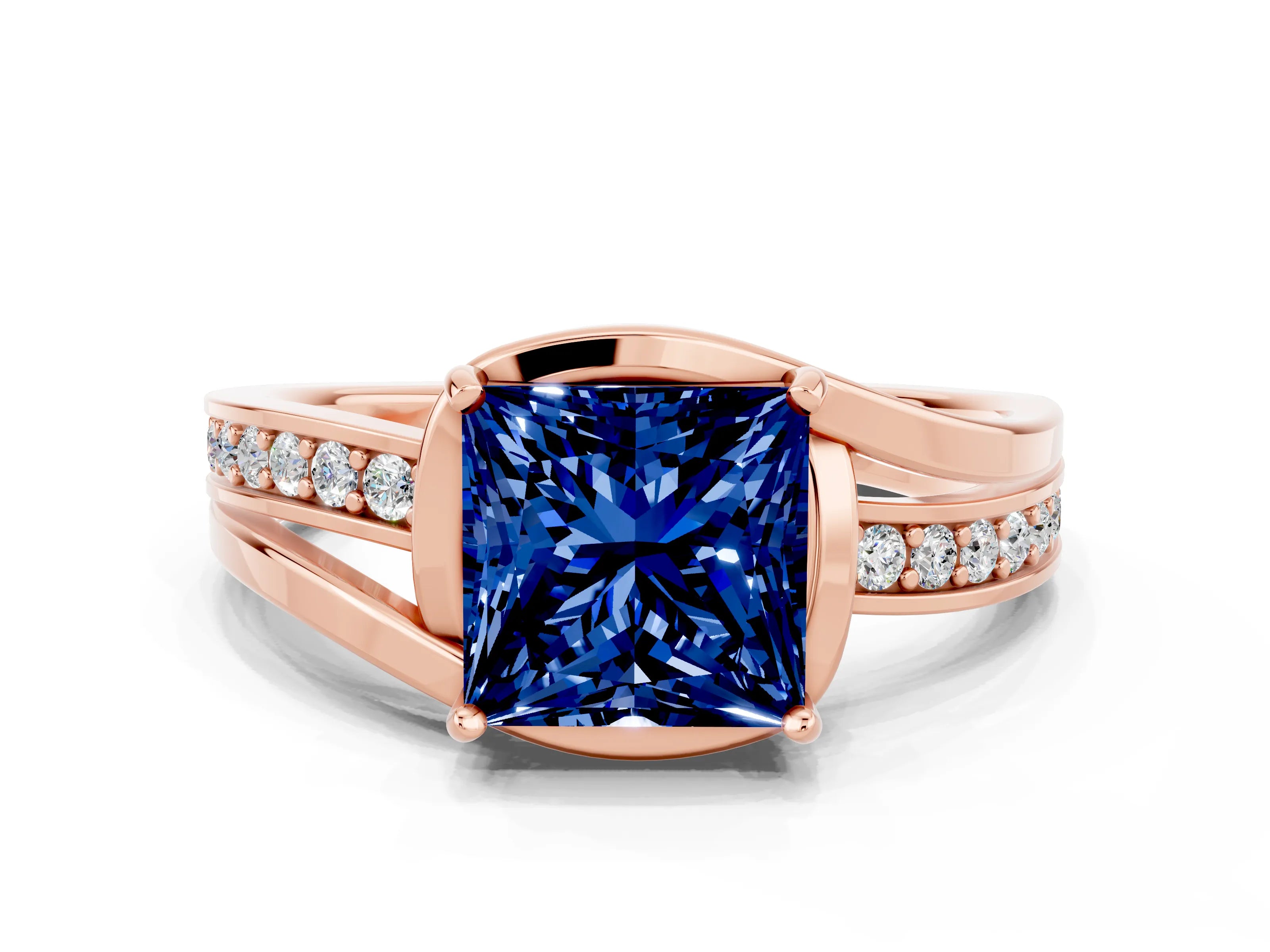 Rose gold Princess Cut Blue Sapphire Solitaire Ring with Split Shank and Prong Setting