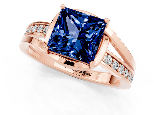 Rose gold Princess Cut Blue Sapphire Solitaire Ring with Split Shank and Prong Setting