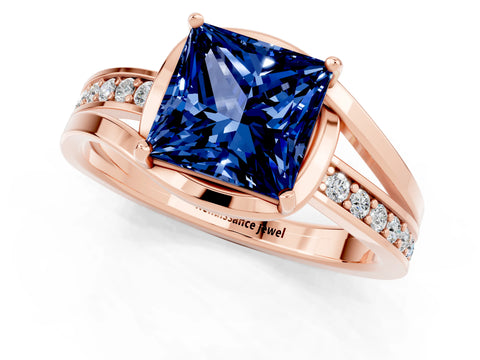 Rose gold Princess Cut Blue Sapphire Solitaire Ring with Split Shank and Prong Setting_1