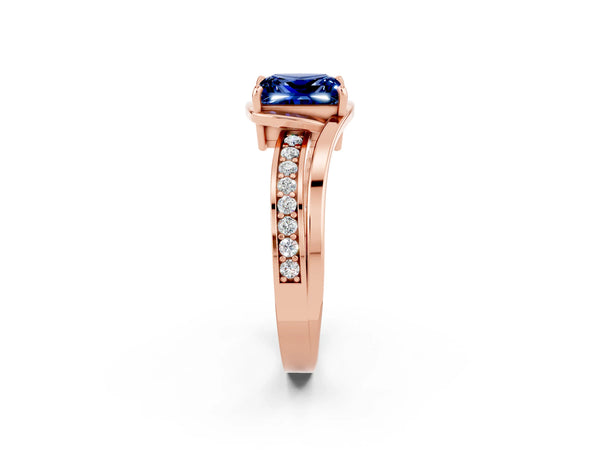 Rose gold Princess Cut Blue Sapphire Solitaire Ring with Split Shank and Prong Setting