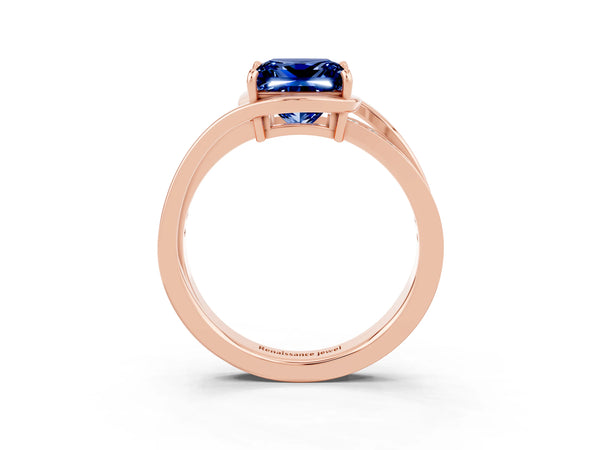 Rose gold Princess Cut Blue Sapphire Solitaire Ring with Split Shank and Prong Setting