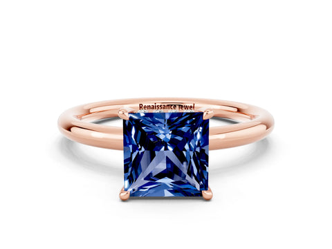 Rose gold Princess Cut Blue Sapphire Solitaire Ring with Thin Band and Four-Prong Setting