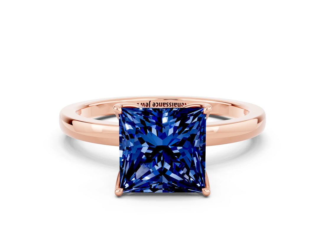 Rose gold Princess Cut Blue Sapphire Solitaire Ring with Thin Band and Prong Setting_12