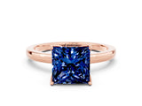 Rose gold Princess Cut Blue Sapphire Solitaire Ring with Thin Band and Prong Setting_12