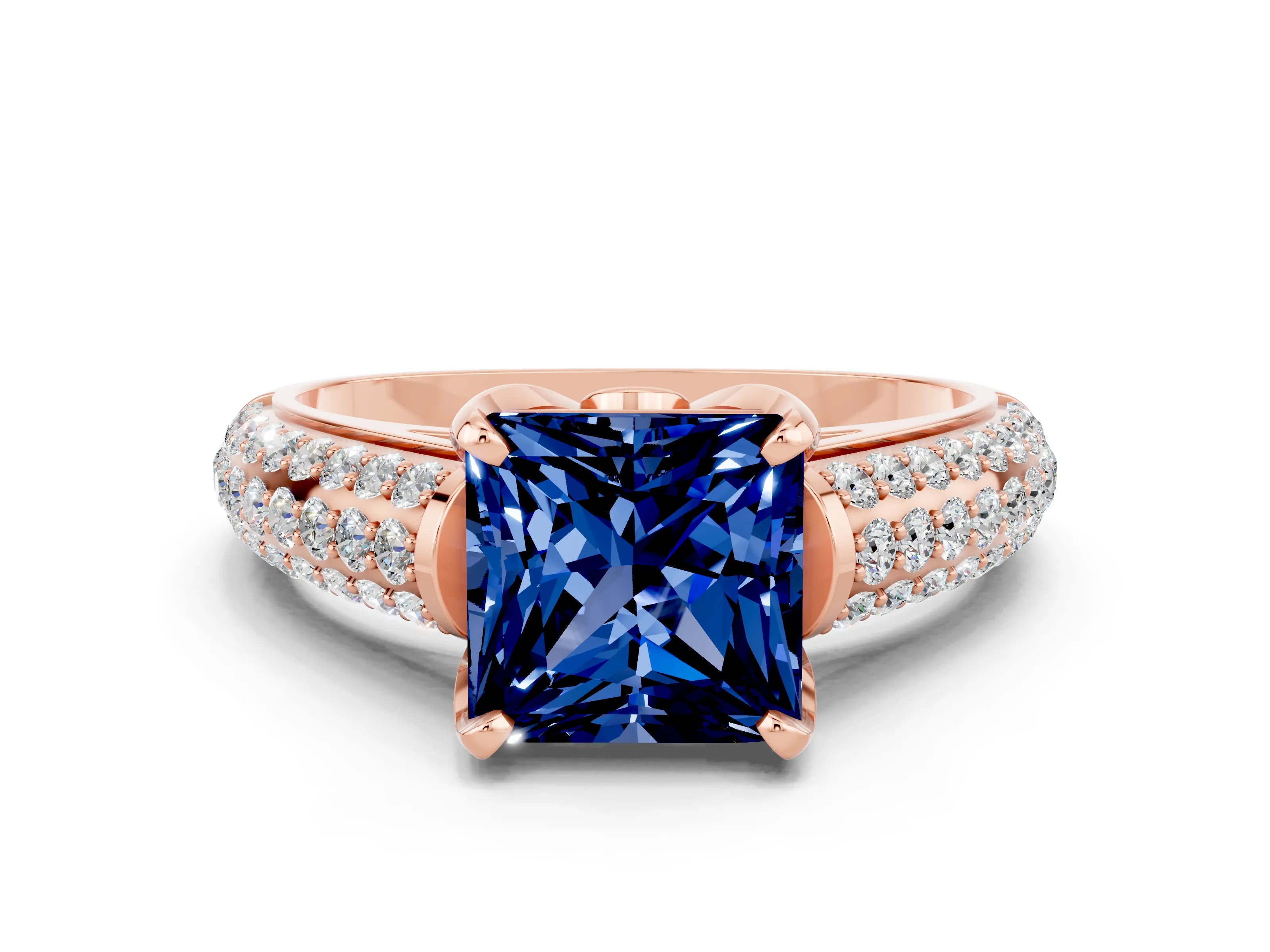 Rose gold Princess Cut Blue Sapphire Solitaire Ring with Three-Row Pavé Band and Four-Prong Setting_12