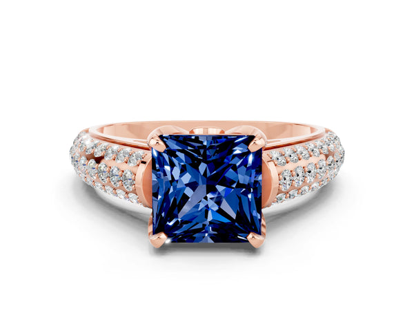 Rose gold Princess Cut Blue Sapphire Solitaire Ring with Three-Row Pavé Band and Four-Prong Setting