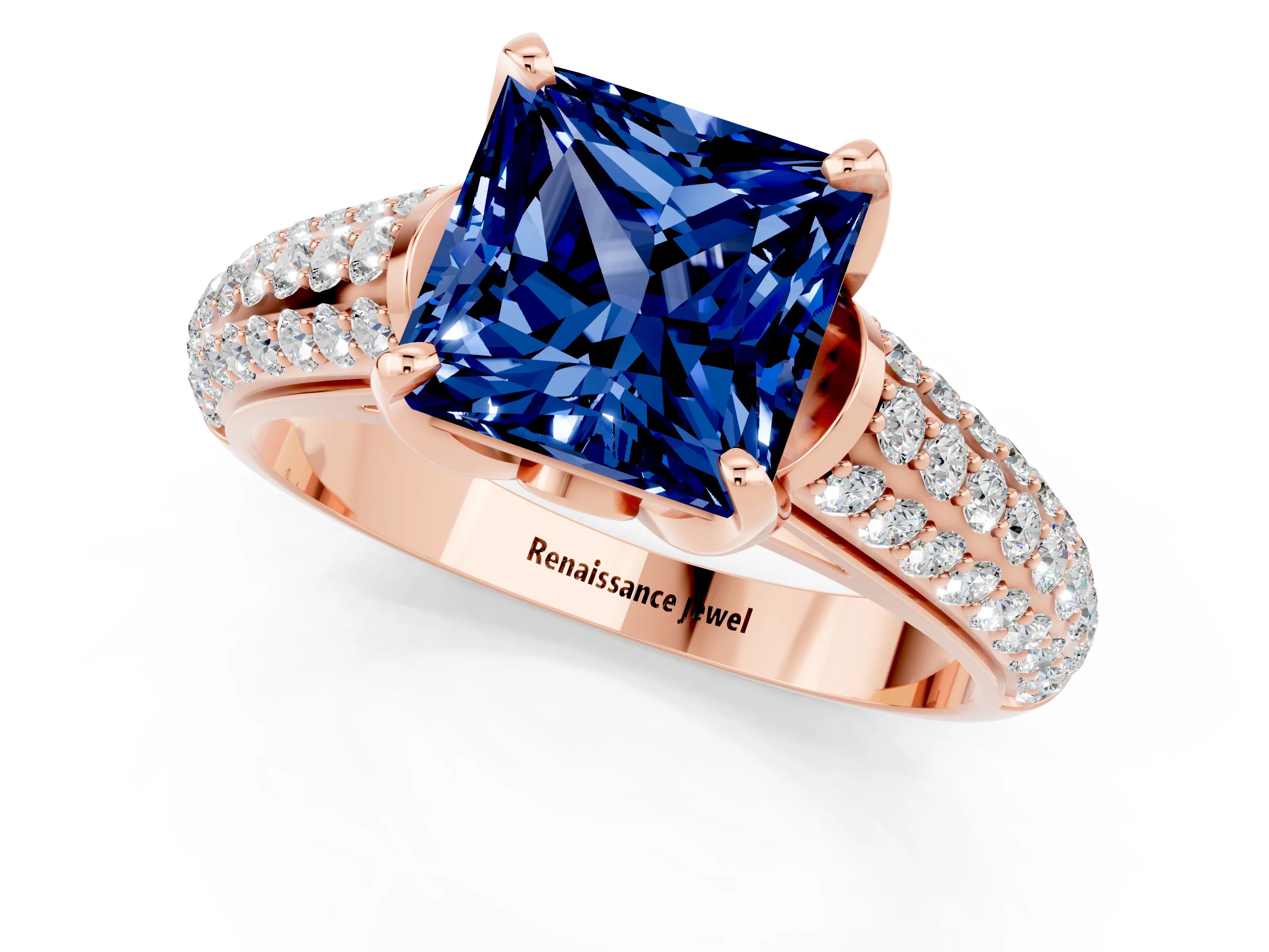 Rose gold Princess Cut Blue Sapphire Solitaire Ring with Three-Row Pavé Band and Four-Prong Setting_13