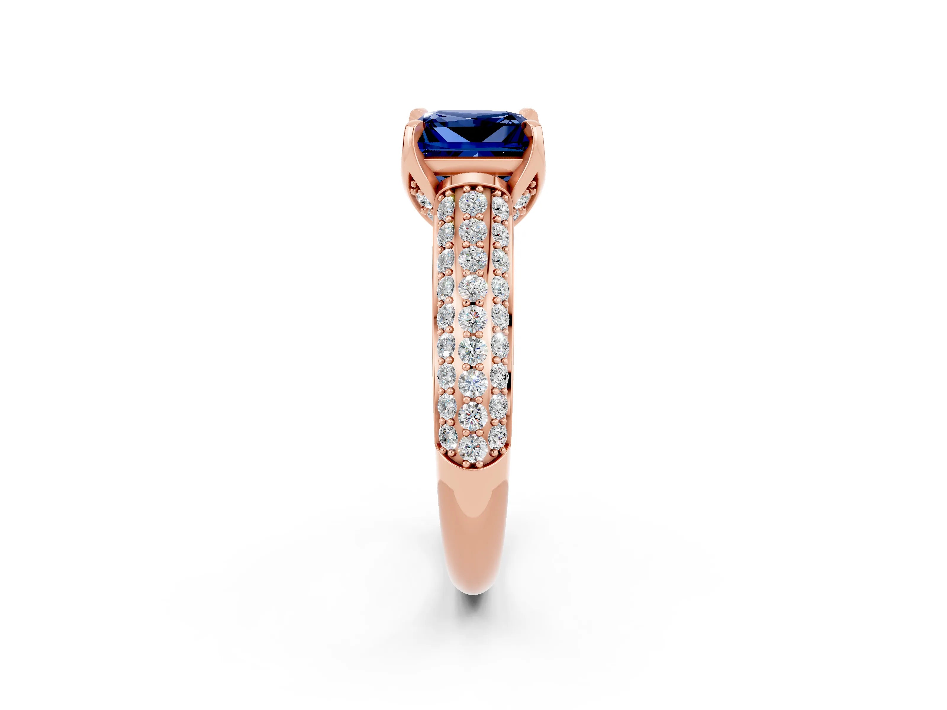 Rose gold Princess Cut Blue Sapphire Solitaire Ring with Three-Row Pavé Band and Four-Prong Setting_14