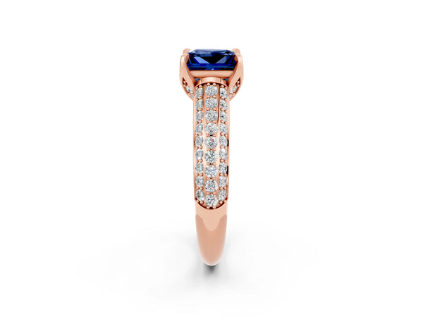 Rose gold Princess Cut Blue Sapphire Solitaire Ring with Three-Row Pavé Band and Four-Prong Setting