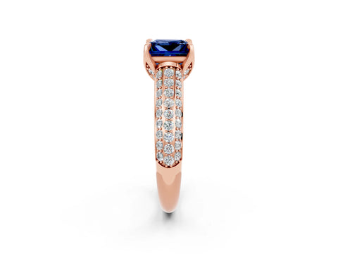 Rose gold Princess Cut Blue Sapphire Solitaire Ring with Three-Row Pavé Band and Four-Prong Setting_14
