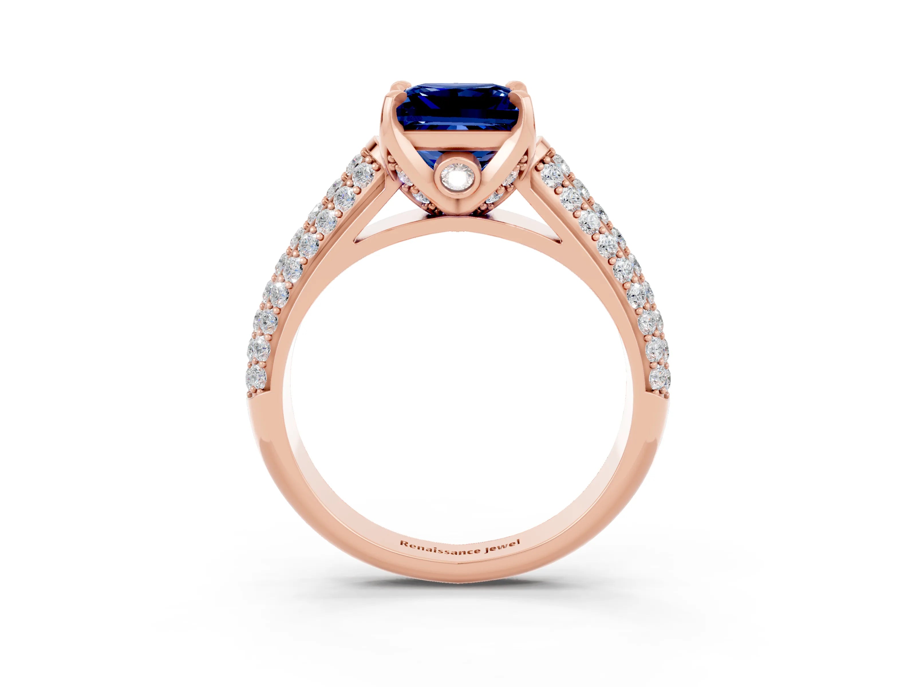 Rose gold Princess Cut Blue Sapphire Solitaire Ring with Three-Row Pavé Band and Four-Prong Setting_15