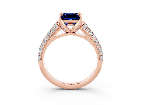 Rose gold Princess Cut Blue Sapphire Solitaire Ring with Three-Row Pavé Band and Four-Prong Setting