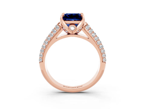Rose gold Princess Cut Blue Sapphire Solitaire Ring with Three-Row Pavé Band and Four-Prong Setting_15