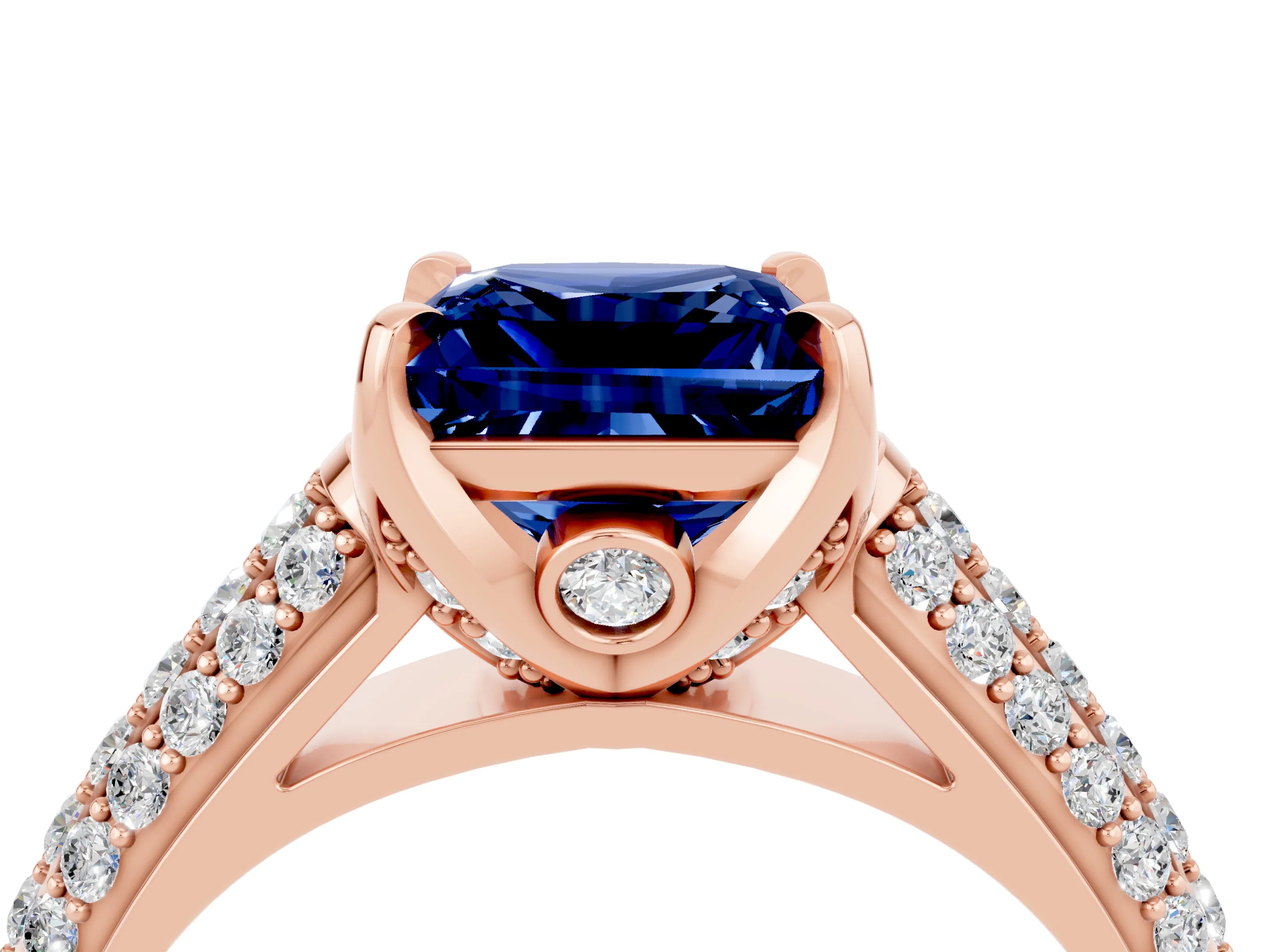 Rose gold Princess Cut Blue Sapphire Solitaire Ring with Three-Row Pavé Band and Four-Prong Setting_16