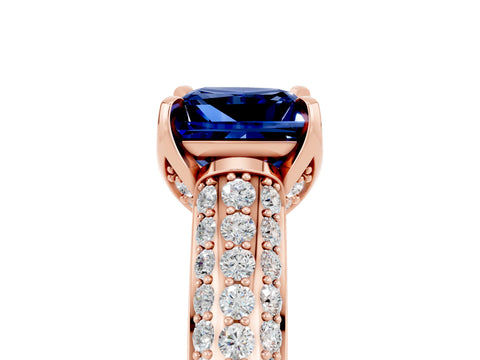 Rose gold Princess Cut Blue Sapphire Solitaire Ring with Three-Row Pavé Band and Four-Prong Setting_17